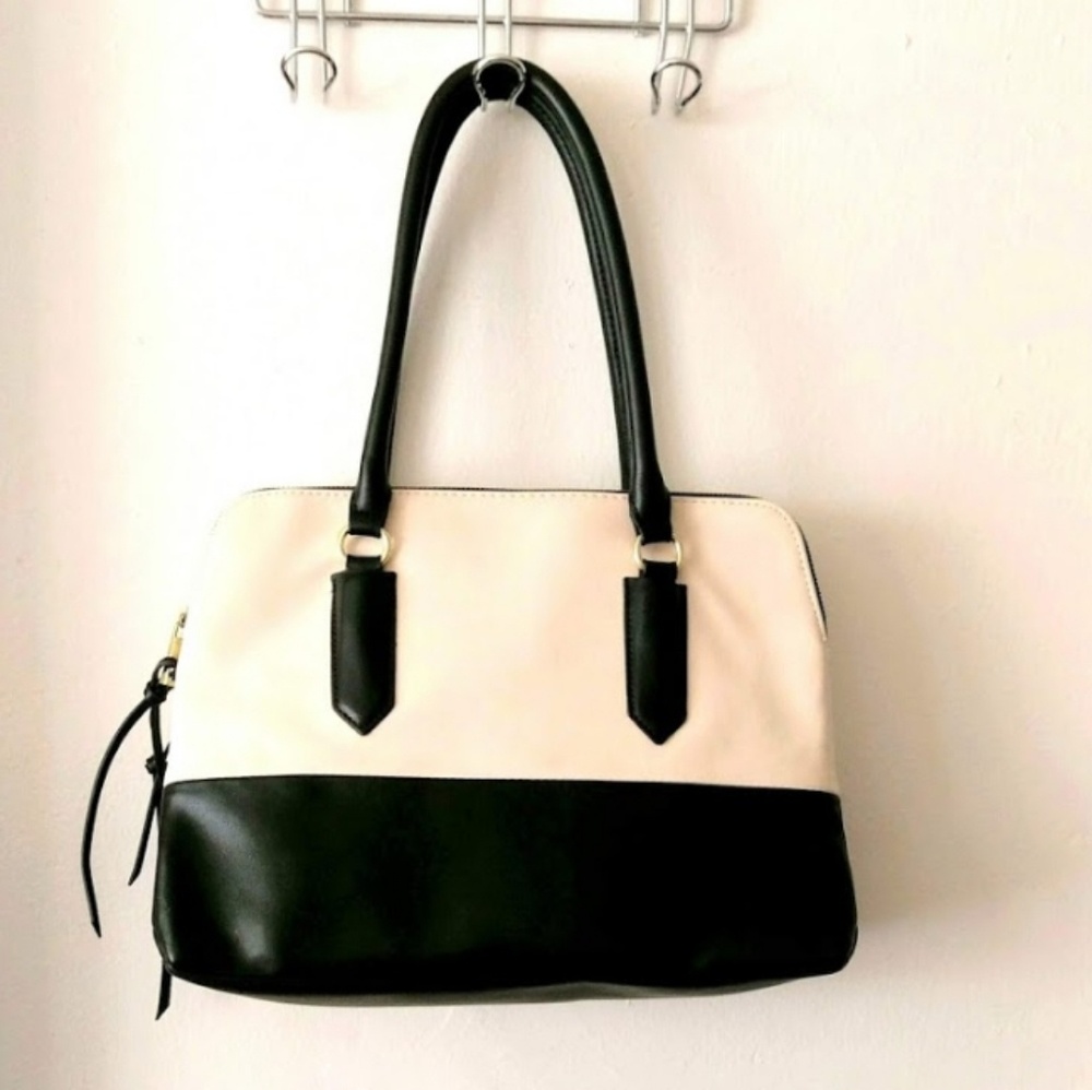 Ivory & black PU satchel w/dual straps